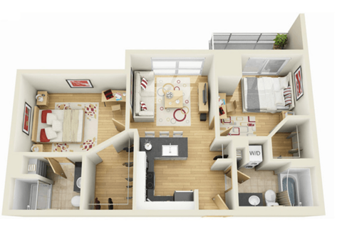 Floor plan for 2 beds, 2 baths, 803 sqft